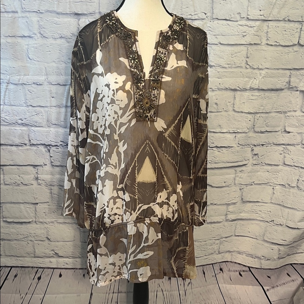 Chico’s Sheer Tunic Top Beaded Embellished V-neck Long Sleeve Chicos 3 XL